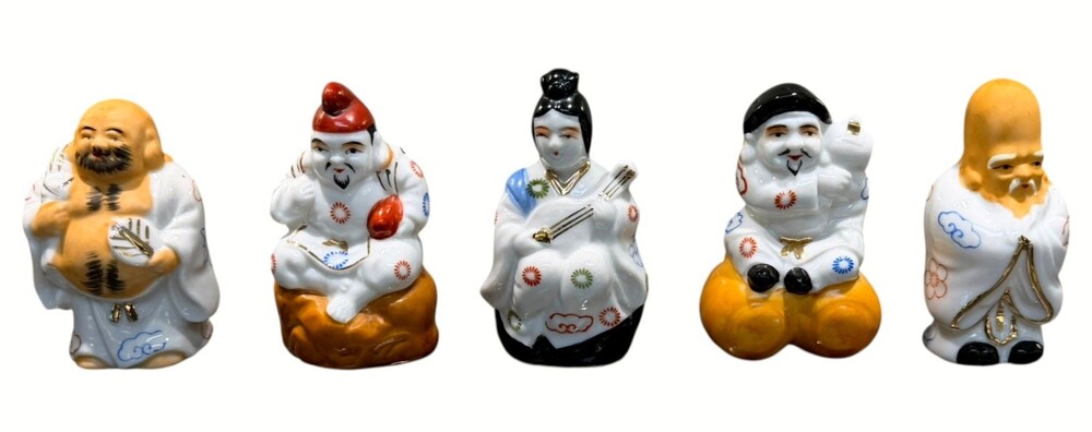 Vintage Japan Shichifukujin Seven Lucky Gods Porcelain Figurines Set of 5